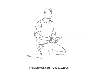 The teacher is teaching while sitting. Teacher in classroom concept one-line drawing