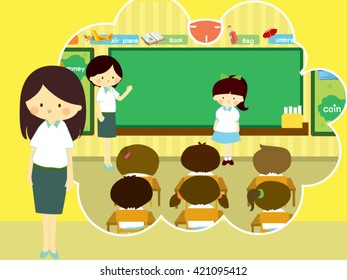 teacher tell about her job , Teaching  In the classroom with children