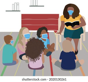 	
Teacher telling a bible story to Group of Kids Sitting on Floor in the church. vector illustration.	
