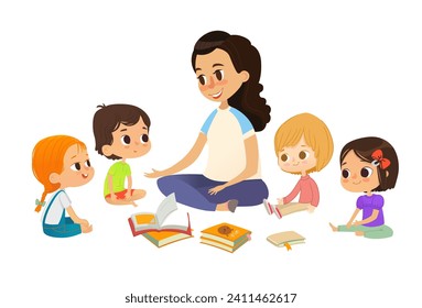 El profesor cuenta historias y discute el libro, los niños se sientan en el suelo en círculo y la escuchan. Actividades preescolares y educación en la primera infancia. Ilustración vectorial para afiches, sitio web