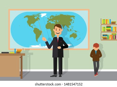 The teacher tells students about planet Earth. Oceans and continents of the planet. A student who has not learned a lesson stands with a guilty look. Schooling lays the foundation for a future life.