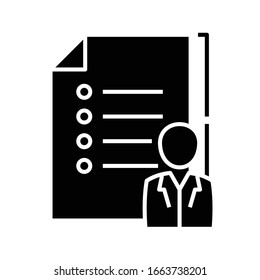Icono negro de prueba del profesor, ilustración conceptual, símbolo plano vectorial, signo de glifo.