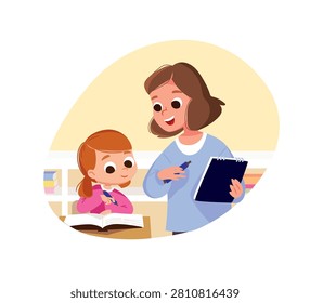 Teacher with a textbook in her hands stands near student girl, student listens attentively at teacher, listens to the lecture, lesson and writes in workbook. Teacher introducing the subject to primary school kid. 
