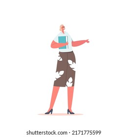 Teacher with Textbook on Lesson, Education Concept. Young Woman Wear Formal Dress and Glasses Holding Book and Gesturing with Hand Isolated on White Background. Cartoon People Vector Illustration