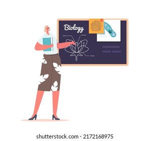 Teacher with Textbook Stand at Blackboard Teach Biology Lesson, Education Concept. Young Woman Wear Formal Dress and Glasses Hold Book Isolated on White Background. Cartoon People Vector Illustration