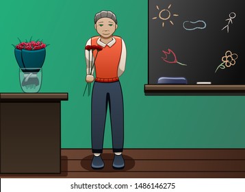 Teacher with three red carnations near blackboard