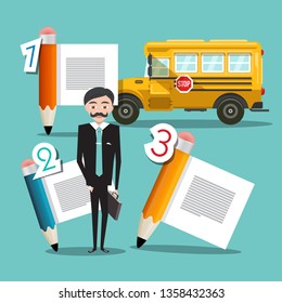 Teacher with Three Steps Infographic Layout and School Bus