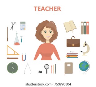 Teacher tools set. Female teacher with globe, books, ruler and more.
