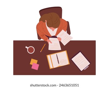 Teacher top view. School or college teacher sitting at desk in classroom view from above flat vector illustration. Teacher in classroom top view