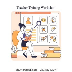 Teacher Training Workshop concept. An educator interacts with online resources, enhancing teaching skills for student engagement. Professional development, e-learning platform. Vector illustration.