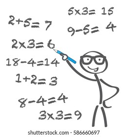 teacher tries to solve math problems. Math calculations on board.
