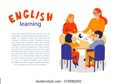 Teacher or tutor learning English for children. Group of preschool children and teacher sitting at table. Kids and woman in classroom studying. Colorful vector illustration in cartoon style.