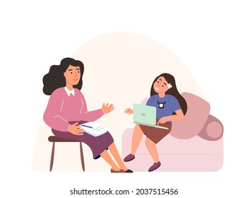 Teacher Tutor and shcool girl sitting with laptop PC, studying together.Woman Lecturer Teacher and kid watching, reading and learning at home.Flat vector illustration of isolated on white background