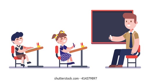 Teacher or tutor studying with group of kids sitting at school desks. Modern flat vector illustration. Cartoon character clipart.