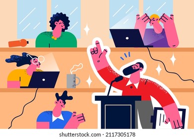 Teacher or tutor talk at college lecture or lesson with diverse students. Male professor have class with millennial people learners in audience in university. Education concept. Vector illustration. 