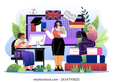 Teacher and two students engaged in a language learning class with flags, books, and computer, in flat graphic style on abstract background. Concept of multilingual education. Vector illustration