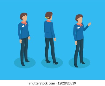 Teacher in uniform, working concept vector icons. Woman standing in strict suit, with badge and cravat from different angles, vector in cartoon style