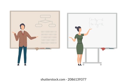 Teacher or University Professor Standing in Front of Chalkboard Explaining Lesson Vector Set