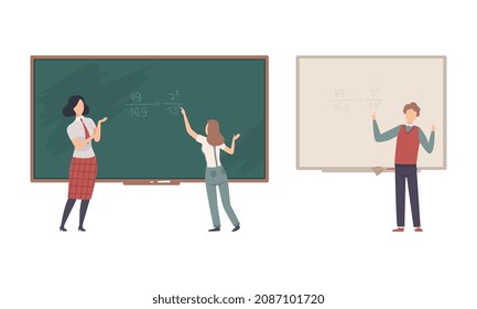 Teacher or University Professor Standing in Front of Chalkboard Explaining Lesson Vector Set