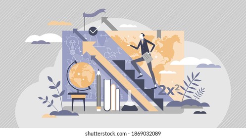 Teacher upskilling as male skill qualification progress and development tiny person concept. Education and knowledge growth with abstract upwards ladder as training improvement vector illustration.