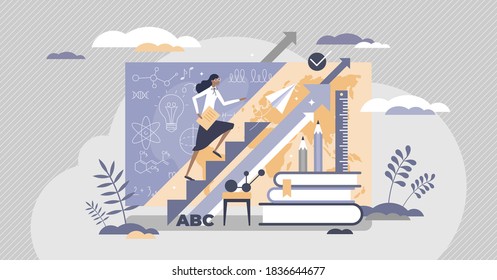 Teacher upskilling for qualification and knowledge growth tiny person concept. Reskilling educators for better explanation knowledge and skills as improvement in education system vector illustration.