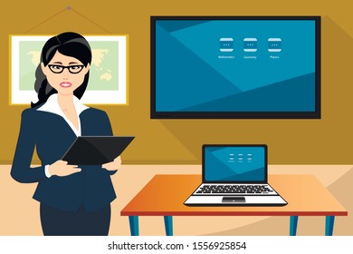 The teacher uses modern technology in the classroom. Electronic Board, laptop, tablet for classes.