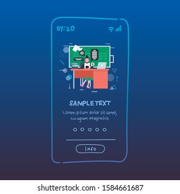 teacher using mobile chatting app social network chat bubble communication concept woman sitting at desk in classroom full length smartphone screen copy space vector illustration