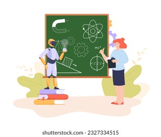 Profesora que utiliza la estrategia STEM en la ilustración del vector escolar. Dibujo de dibujos animados de mujeres enseñando ciencia, tecnología, ingeniería, robot con bombilla. Educación, tecnología, programación, concepto de IA