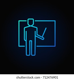Teacher vector blue icon. Vector standing man with pointer line symbol or logo element. Presentation concept sign on dark background