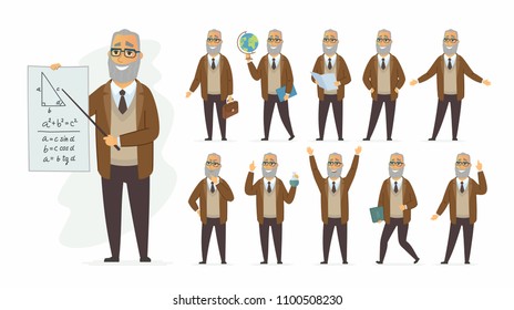 Teacher - vector cartoon people character set isolated on white background. Senior man teaching different subjects, maths, geography, chemistry. Set of different situations and poses