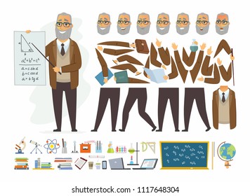 Teacher - vector cartoon people character constructor isolated on white background. Senior man teaching different subjects, maths, geography, chemistry. Set of body parts and school equipment, objects