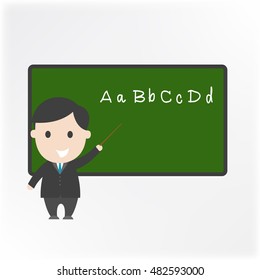 Teacher vector character in front of classroom with chalk board.Vector illustration