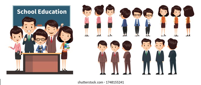 Teacher vector character turnaround. Teachers standing at the table and blackboard