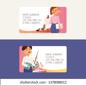 Teacher vector teaching people profession business card occupation at school studying at university illustration backdrop worker businesswoman on business-card background set.