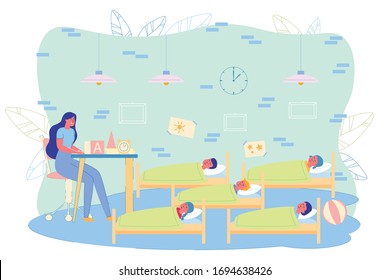 Teacher Watches Pupils During Quiet Hour in Room. Group Children Sleeping in Cots at Day, Rest from Vigorous Activity. Girl Teacher Sit at Table and Watches them. Clock and Drawings Hang on Wall.