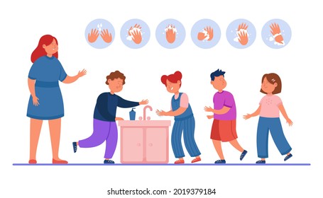 Teacher watching kids washing hands in school bathroom. Woman teaching children proper handwashing flat vector illustration. Hygiene, education concept for banner, website design or landing web page