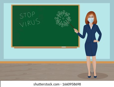 Teacher wear medical mask.Virus Covid19 and protection.Prevent Pollution with a health mask. Vector illustration