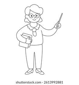 A teacher wearing glasses with a pointer and books at her side. Isolated black and white illustration.