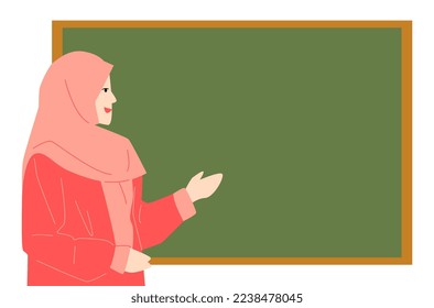 the teacher wearing the hijab is explaining. blank chalkboard. concept of school, learning, education, etc. vector flat illustration