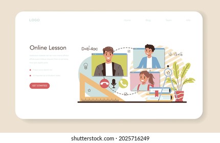 Teacher web banner or landing page. Professor giving an online lesson by video call. School or college workers. Idea of education and knowledge. Isolated flat vector illustration