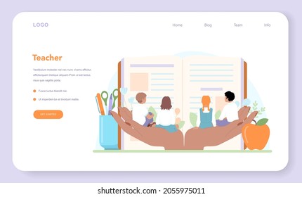 Teacher web banner or landing page. Professor giving a lesson online or in a classroom. School or college workers. Idea of education and knowledge. Isolated flat vector illustration