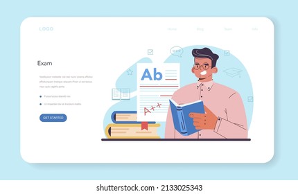 Teacher web banner or landing page. Professor giving a lesson in a classroom. School worker teaching children school curriculum. Idea of methodical academic education. Flat vector illustration