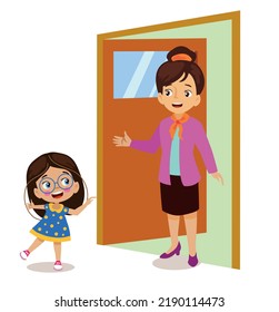 teacher welcoming her student in front of the door