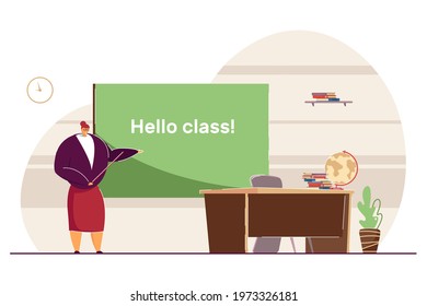 Teacher welcoming students back to school. Flat vector illustration. Professors standing near blackboard with pointer in classroom. School, education, learning concept for banner design, landing page