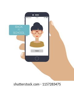 The teacher is welcoming you back to school. Smartphone technology. Female teacher. Back to school. Welcome back. Vector isolated illustration. 