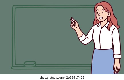 Teacher in white shirt and skirt standing in front of green chalkboard, positioned on clean pastel layout with space for text or content, ideal for school or instructional design copy space