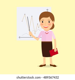 Teacher with whiteboard cartoon character. Vector illustration