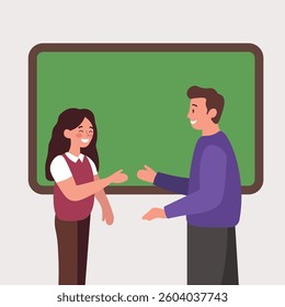 a teacher who is praising his student. a student who is chatting with a teacher. a teacher and a student who are close