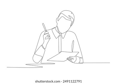 Teacher who is taking student absences. Teacher in classroom concept one-line drawing