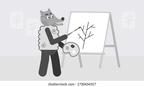Teacher Wolf in sheep's clothes  shows how to draw a tree in the art school. Vector illustration with isolated layers of different elements. 